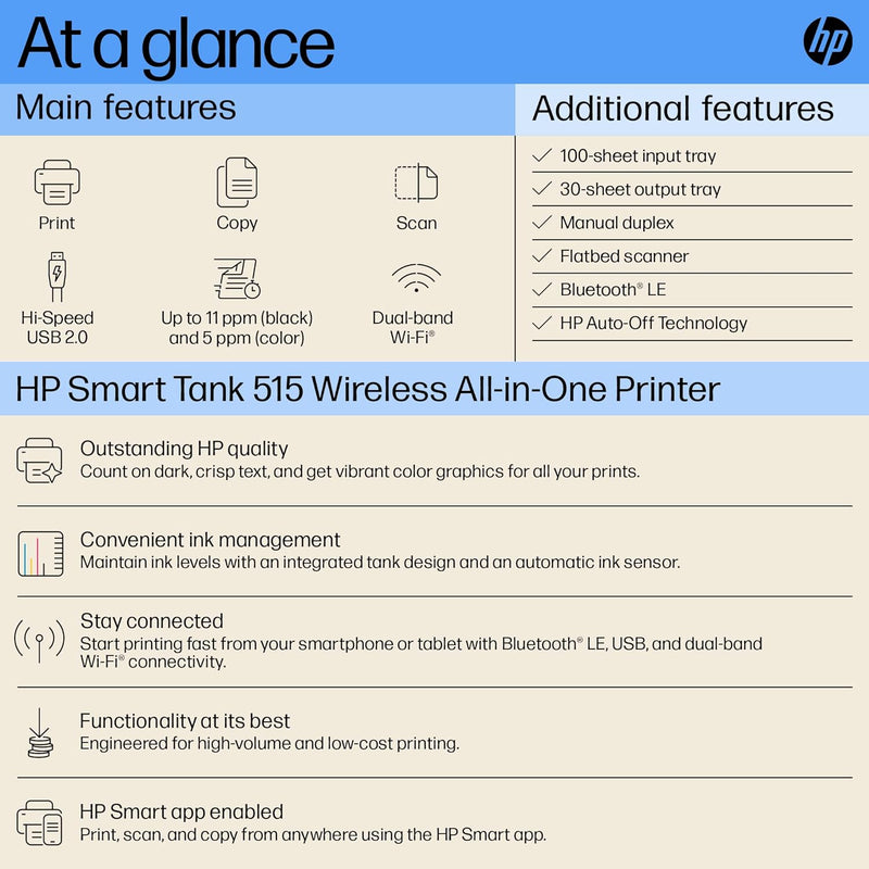 HP Smart Tank 515 All-in-One Wireless Ink Tank Colour Printer, High Capacity Tank (6000 Black and 8000 Colour)